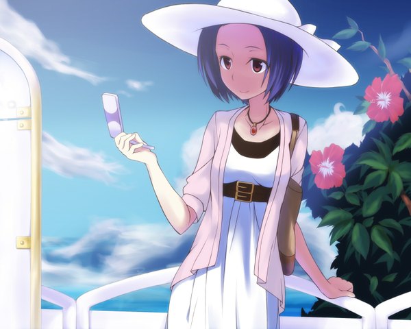 Anime picture 1499x1200 with idolmaster miura azusa gumoyu single short hair red eyes blue hair girl flower (flowers) hat bag sundress phone