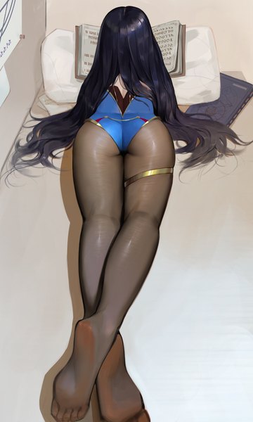Anime picture 1080x1799 with genshin impact mona megistus midfinger22 single long hair tall image light erotic black hair ass lying from above from behind no shoes crossed legs alternate hairstyle on stomach reading hair down girl pantyhose