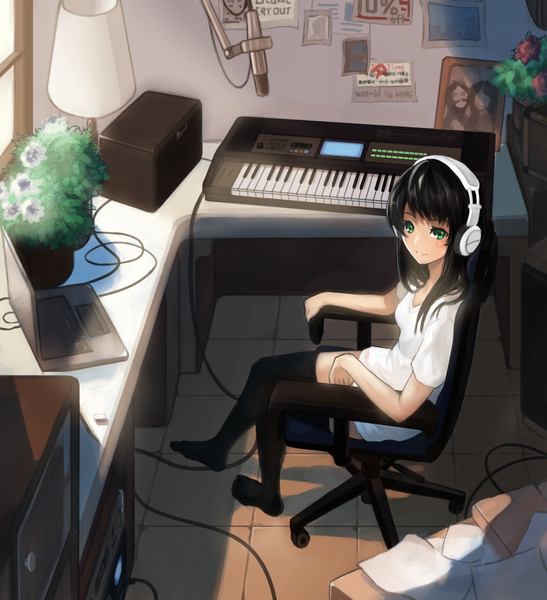 Anime picture 1366x1496 with original tonami single long hair tall image looking at viewer blush highres breasts black hair sitting green eyes light smile girl thighhighs flower (flowers) black thighhighs plant (plants) window headphones