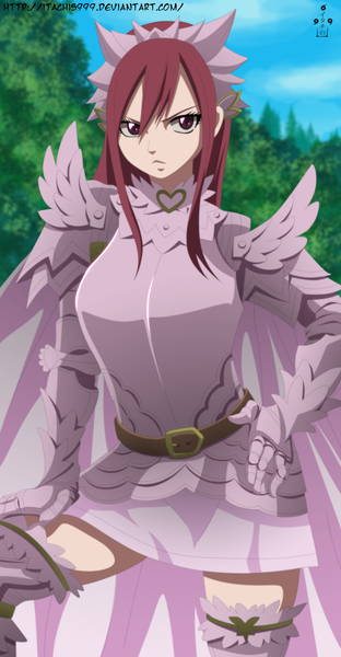 Anime picture 1000x1922 with fairy tail erza scarlet itachis999 single long hair tall image red eyes sky cloud (clouds) red hair hand on hip coloring girl plant (plants) tree (trees) armor