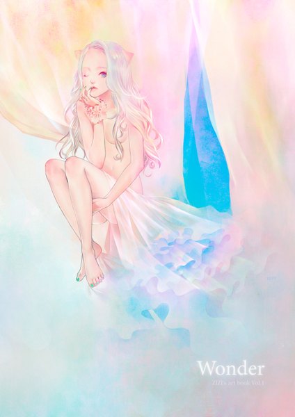 Anime picture 1241x1754 with original zizi single long hair tall image looking at viewer breasts blue eyes light erotic blonde hair sitting animal ears nail polish one eye closed barefoot nude wink inscription arm support finger to mouth