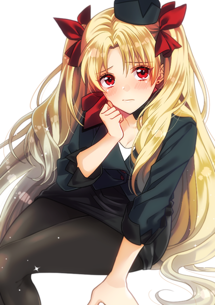 Anime picture 635x903 with fate (series) fate/grand order ereshkigal (fate) aburi rare single long hair tall image looking at viewer blush fringe simple background blonde hair red eyes white background sitting bent knee (knees) arm up arm support sparkle two side up