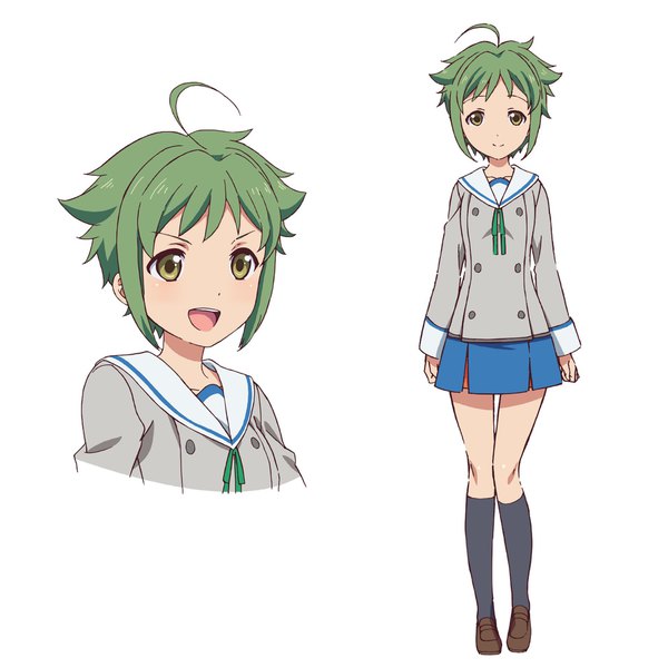 Anime picture 1911x1914 with action heroine cheer fruits midorikawa mana ide naomi tall image highres short hair open mouth simple background white background green eyes ahoge green hair light smile official art multiview girl skirt uniform miniskirt socks