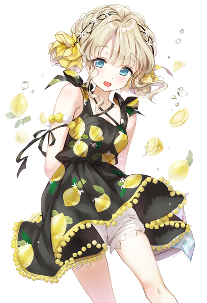 Anime picture 966x1415 with original haruri single long hair tall image looking at viewer blush fringe open mouth blue eyes blonde hair simple background hair between eyes standing white background sleeveless hands behind back dress lift food print lemon print