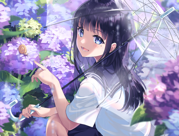 Anime picture 1960x1496 with original letta illust single long hair fringe highres open mouth blue eyes black hair outdoors blunt bangs :d mole mole under eye shaded face rain squat pointing transparent umbrella girl