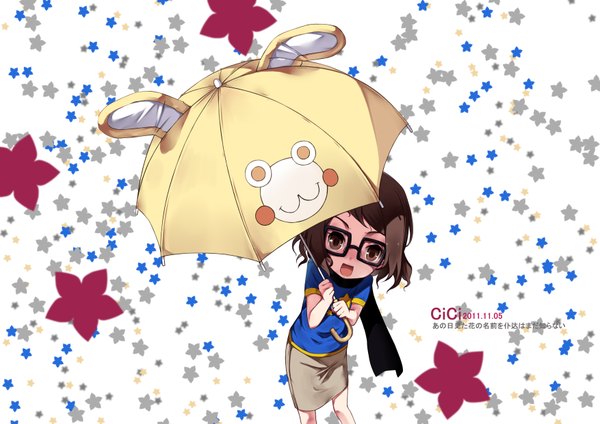 Anime picture 3507x2480 with original cici single looking at viewer highres short hair open mouth smile brown hair standing holding brown eyes animal ears absurdres inscription hieroglyph girl skirt glasses scarf