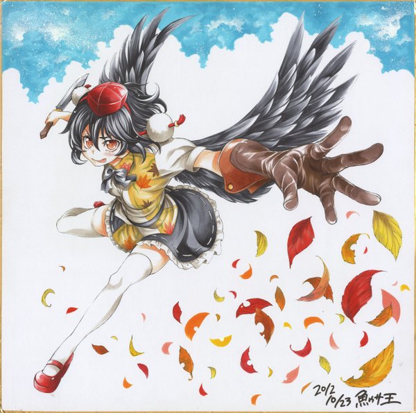 Anime picture 2658x2640 with touhou shameimaru aya uousa single looking at viewer blush highres short hair black hair red eyes signed sky :p black wings traditional media girl thighhighs gloves white thighhighs tongue