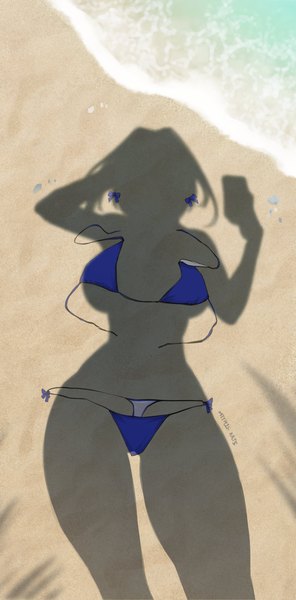 Anime-Bild 1732x3508 mit virtual youtuber hololive hololive english shiori novella myth1carts single tall image highres short hair light erotic standing signed outdoors arms up shadow beach meme dressed shadow (meme) girl swimsuit