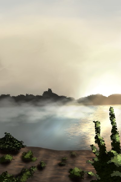 Anime picture 2000x3000 with original everyfrost tall image highres sky outdoors no people landscape river fog plant (plants) tree (trees) water forest