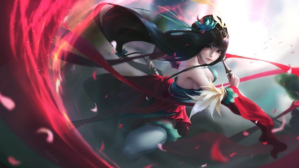 Anime-Bild 2304x1296 mit romance of the three kingdoms diao chan sai foubalana single looking at viewer fringe highres breasts black hair wide image holding blunt bangs very long hair parted lips hair flower black eyes realistic floating hair low ponytail fighting stance