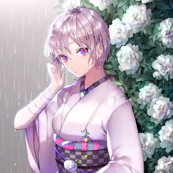 Anime picture 1200x1200 with original ayatoki-1 single looking at viewer fringe short hair hair between eyes purple eyes purple hair traditional clothes parted lips head tilt japanese clothes wet rain revision girl flower (flowers) plant (plants) petals