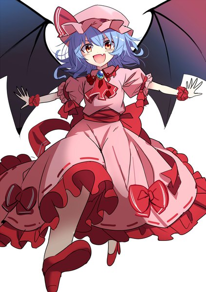 Anime picture 1000x1418 with touhou remilia scarlet e.o. single tall image looking at viewer fringe short hair open mouth simple background hair between eyes red eyes white background blue hair :d fang (fangs) spread arms bat wings girl dress