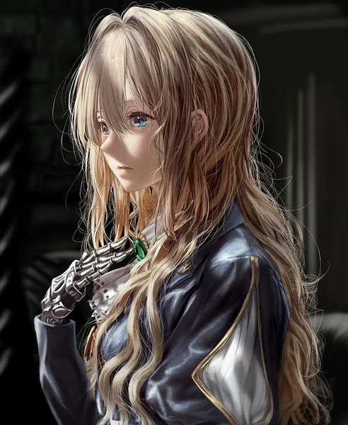 Anime picture 779x950 with violet evergarden kyoto animation violet evergarden (character) kurono mitsuki single long hair tall image fringe blue eyes blonde hair hair between eyes looking away upper body realistic hand on chest mechanical arms girl