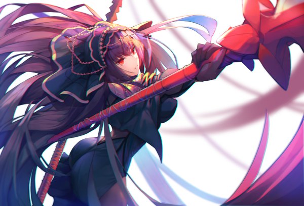 Anime picture 5870x4000 with fate (series) fate/grand order scathach (fate) (all) scathach (fate) munseonghwa single fringe highres breasts light erotic simple background hair between eyes red eyes standing white background holding looking away absurdres purple hair ass