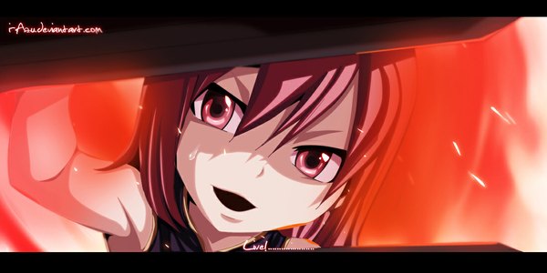 Anime picture 1100x550 with fairy tail erza scarlet i-azu single long hair open mouth red eyes wide image red hair inscription sweat coloring letterboxed close-up face girl
