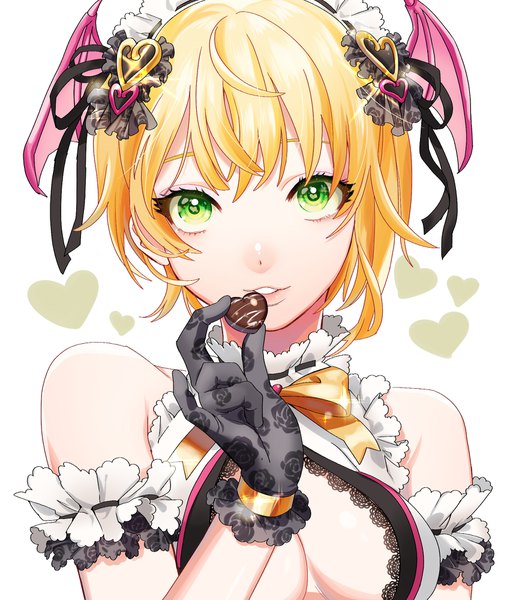 Anime picture 1700x2000 with idolmaster idolmaster cinderella girls miyamoto frederica mihatarou single tall image looking at viewer fringe short hair breasts light erotic blonde hair white background bare shoulders holding green eyes parted lips portrait head wings fake wings