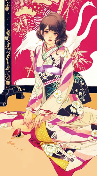 Anime picture 602x1083 with original matsuo hiromi single tall image looking at viewer blush fringe brown hair sitting brown eyes traditional clothes japanese clothes floral print eyeshadow girl animal kimono bird (birds) alcohol sake