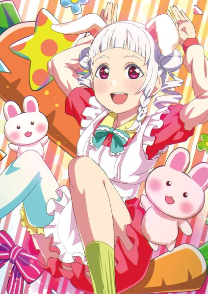Anime picture 3541x5016 with hello!!! love live! sunrise (studio) love live! arashi chisato al aoi aoba single tall image looking at viewer blush fringe highres short hair open mouth smile red eyes animal ears absurdres bent knee (knees) white hair blunt bangs