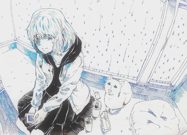 Anime picture 3048x2200 with original yoshika single looking at viewer fringe highres short hair blue eyes hair between eyes sitting holding absurdres white hair indoors from above open jacket leaning leaning forward tears rain