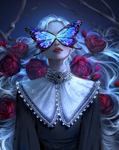 Anime picture 5147x6500 with original nixeu single tall image highres absurdres silver hair upper body lying long sleeves very long hair parted lips lips mole mole under mouth covering eye (eyes) girl flower (flowers) rose (roses) insect