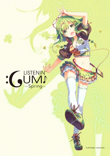 Anime picture 848x1200 with vocaloid gumi h2so4 single tall image looking at viewer short hair open mouth green eyes green hair girl thighhighs dress navel white thighhighs glasses boots headphones digital media player