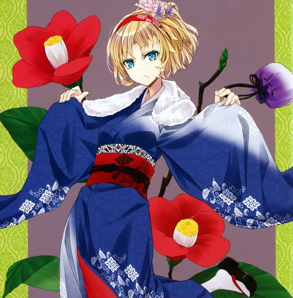 Anime picture 2104x2143 with touhou alice margatroid nabeshima tetsuhiro single tall image looking at viewer highres short hair blue eyes blonde hair traditional clothes japanese clothes girl flower (flowers) hairband kimono obi fur-trimmed kimono camellia (flower) kinchaku