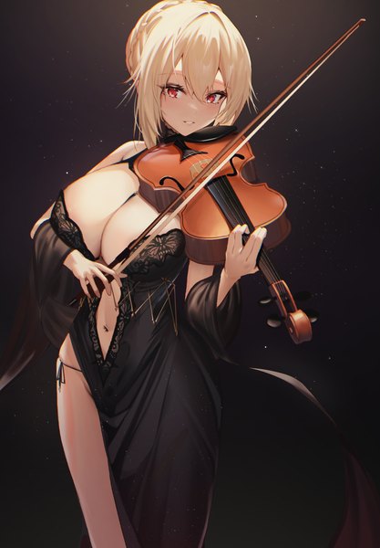 Anime picture 2384x3429 with otome gee sekai wa mob ni kibishii sekai desu angelica rafa redgrave daiiichukiii single tall image looking at viewer fringe highres short hair breasts light erotic simple background blonde hair red eyes large breasts standing parted lips black background center opening playing instrument