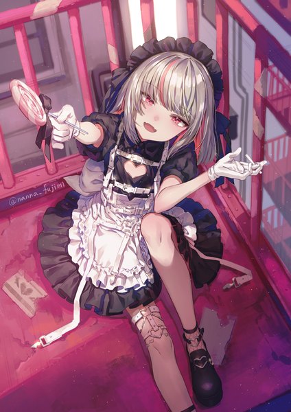 Anime-Bild 1157x1637 mit virtual youtuber nijisanji makaino ririmu makaino ririmu (5th costume) 778-go single long hair tall image looking at viewer fringe open mouth red eyes sitting signed silver hair blunt bangs head tilt :d multicolored hair from above
