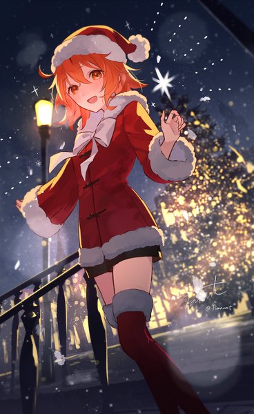 Anime picture 1232x2006 with fate (series) fate/grand order fujimaru ritsuka (female) fujimaru ritsuka (female) (white christmas) fomnant single tall image looking at viewer fringe short hair open mouth hair between eyes ahoge outdoors :d orange hair from below orange eyes zettai ryouiki official alternate costume