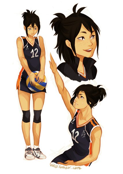 Anime picture 1182x1666 with haikyuu!! production i.g yamaguchi tadashi viria13 tall image short hair black hair simple background smile brown hair standing white background holding brown eyes embarrassed outstretched arm face genderswap freckles multiple persona