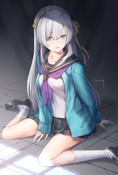 Anime picture 563x836 with fate (series) fate/grand order anastasia (fate) tyone single long hair tall image blush fringe breasts blue eyes sitting signed looking away silver hair long sleeves parted lips pleated skirt sunlight hair over one eye