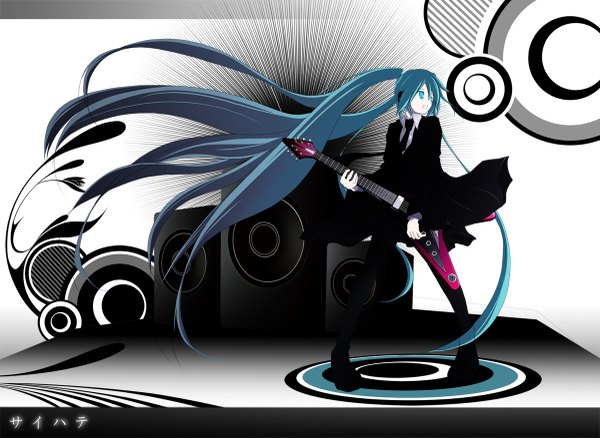 Anime picture 1200x877 with vocaloid hatsune miku long hair blue eyes blue hair very long hair aqua eyes girl necktie musical instrument guitar speakers
