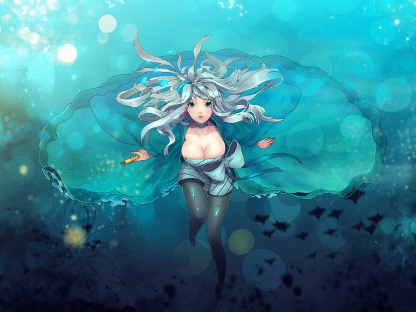 Anime picture 1200x900 with macross macross frontier sheryl nome nal (artist) single long hair looking at viewer light erotic cleavage silver hair nail polish hair flower aqua eyes light smile aqua hair spread arms blue background underwater girl dress