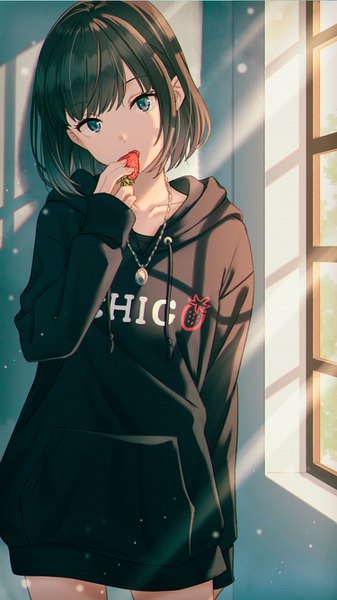 Anime picture 750x1334 with original hyuuga azuri single tall image looking at viewer fringe short hair open mouth black hair standing holding indoors long sleeves head tilt sunlight grey eyes eating clothes writing against wall girl