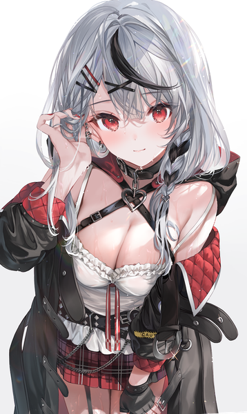 Anime picture 800x1339 with virtual youtuber hololive sakamata chloe sakamata chloe (1st costume) ouri (aya pine) single long hair tall image looking at viewer blush fringe breasts light erotic simple background hair between eyes red eyes large breasts white background cleavage silver hair
