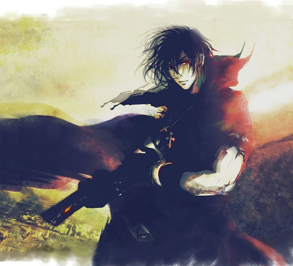 Anime picture 1024x928 with togainu no chi nitro+chiral shiki (tnc) hitoyame single short hair black hair red eyes boy gloves weapon sword bracelet cloak cross
