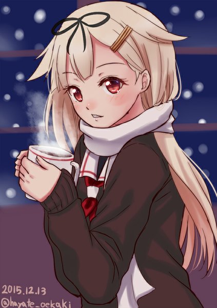 Anime picture 600x850 with kantai collection yuudachi destroyer mizunashi hayate single long hair tall image blush fringe blonde hair signed looking away blurry dated snowing steam remodel (kantai collection) girl uniform hair ornament serafuku