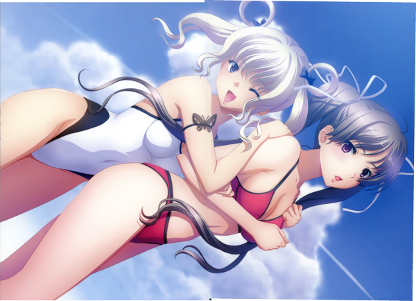 Anime picture 3445x2493 with long hair highres blue eyes light erotic black hair purple eyes twintails multiple girls absurdres white hair one eye closed wink scan girl 2 girls swimsuit