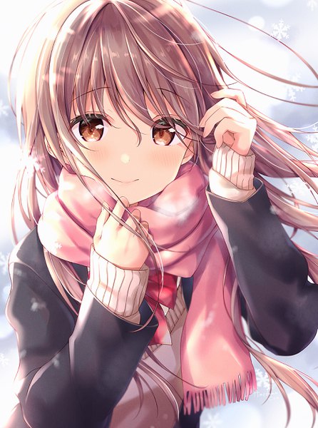 Anime picture 1862x2502 with original amedamacon single long hair tall image looking at viewer blush fringe highres smile hair between eyes brown hair brown eyes signed upper body outdoors long sleeves wind arms up open jacket