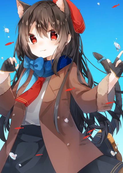 Anime picture 1300x1818 with original heripiro single long hair tall image looking at viewer blush fringe black hair hair between eyes red eyes standing animal ears sky tail animal tail cat ears wide sleeves sparkle cat girl