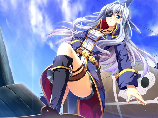 Anime picture 1600x1200 with otomimi infinity (game) tomajiri sango long hair blue eyes game cg white hair girl eyepatch