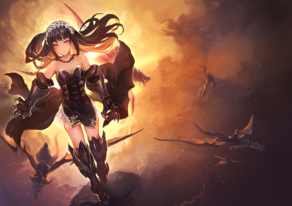 Anime picture 1500x1061 with original makai no juumin single long hair looking at viewer fringe black hair red eyes bare shoulders light smile floating hair fantasy girl hair ornament armor dragon vambraces