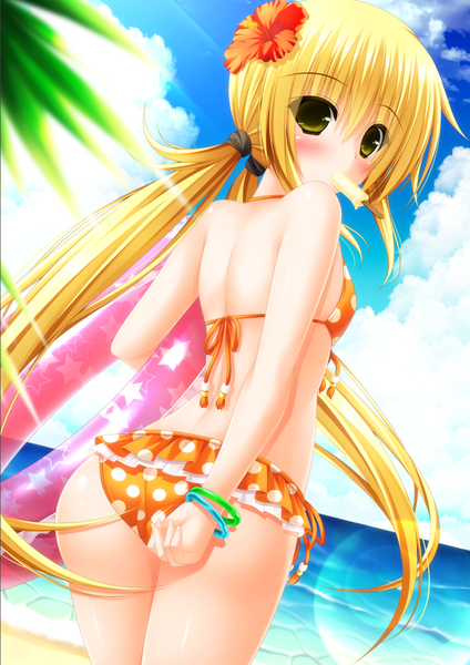 Anime picture 752x1063 with kantai collection satsuki destroyer yunagi amane tall image blush light erotic blonde hair twintails green eyes sky cloud (clouds) very long hair hair flower low twintails girl hair ornament flower (flowers) swimsuit bikini food