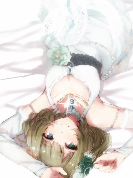 Anime picture 1541x2048 with idolmaster idolmaster cinderella girls takagaki kaede ryuu. single tall image looking at viewer blush fringe short hair breasts blue eyes smile green eyes cleavage lying green hair arms up sparkle on back