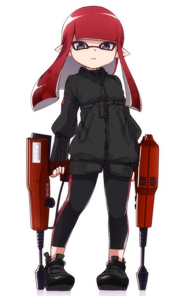 Anime picture 760x1224 with splatoon splatoon 2 nintendo inkling takeko spla single long hair tall image fringe simple background standing white background holding full body red hair blunt bangs pointy ears grey eyes expressionless dual wielding
