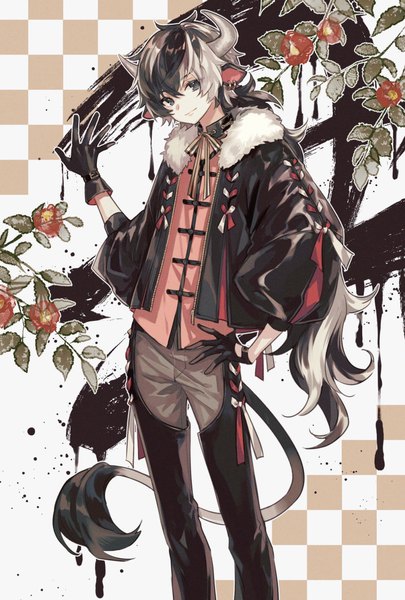 Anime picture 787x1165 with original amaichi esora single long hair tall image fringe black hair hair between eyes standing animal ears tail animal tail multicolored hair horn (horns) black eyes open jacket two-tone hair hand on hip low ponytail new year