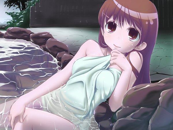 Anime picture 1024x768 with long hair looking at viewer light erotic brown hair brown eyes naked towel girl towel onsen monmari