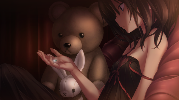 Anime picture 1280x720 with amatsutsumi purple software minazuki hotaru single short hair blue eyes black hair wide image looking away game cg girl dress black dress pendant toy stuffed animal stuffed toy