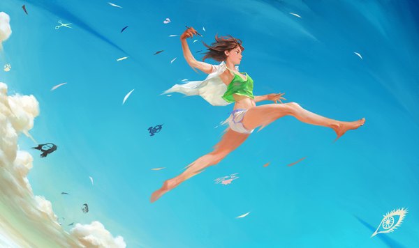 Anime picture 1920x1140 with original mona lisa arata yokoyama single long hair highres brown hair wide image brown eyes looking away sky cloud (clouds) barefoot open clothes bare legs open shirt face jumping girl shirt