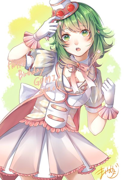 Anime-Bild 2893x4200 mit vocaloid gumi mai mugi single tall image blush highres short hair open mouth green eyes green hair character names dated adjusting hat happy birthday girl skirt gloves hat white gloves